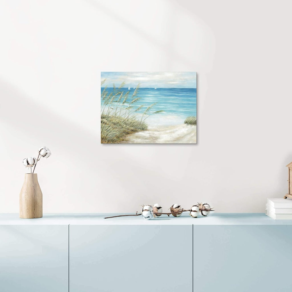 Beach Sea Canvas Wall Art: Seaside Coastal Reed Painting Blue Ocean Nautical Picture Modern Minimalist Seascape Grass Path Artwork Decor for Living Room Bedroom