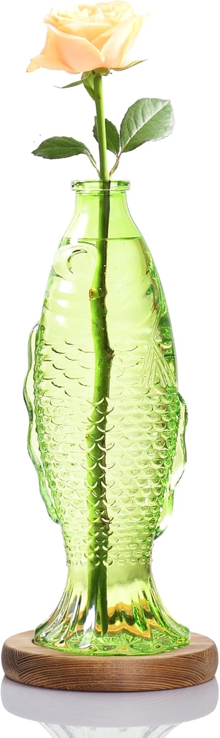 Nacome Fish Vase Glass Plant Terrarium with Wooden Stand,Plant Propagation Station for Home Office Hydroponics Desk Decoration,Unique Gardening Gifts for Plant Lovers Women Mom(Green)