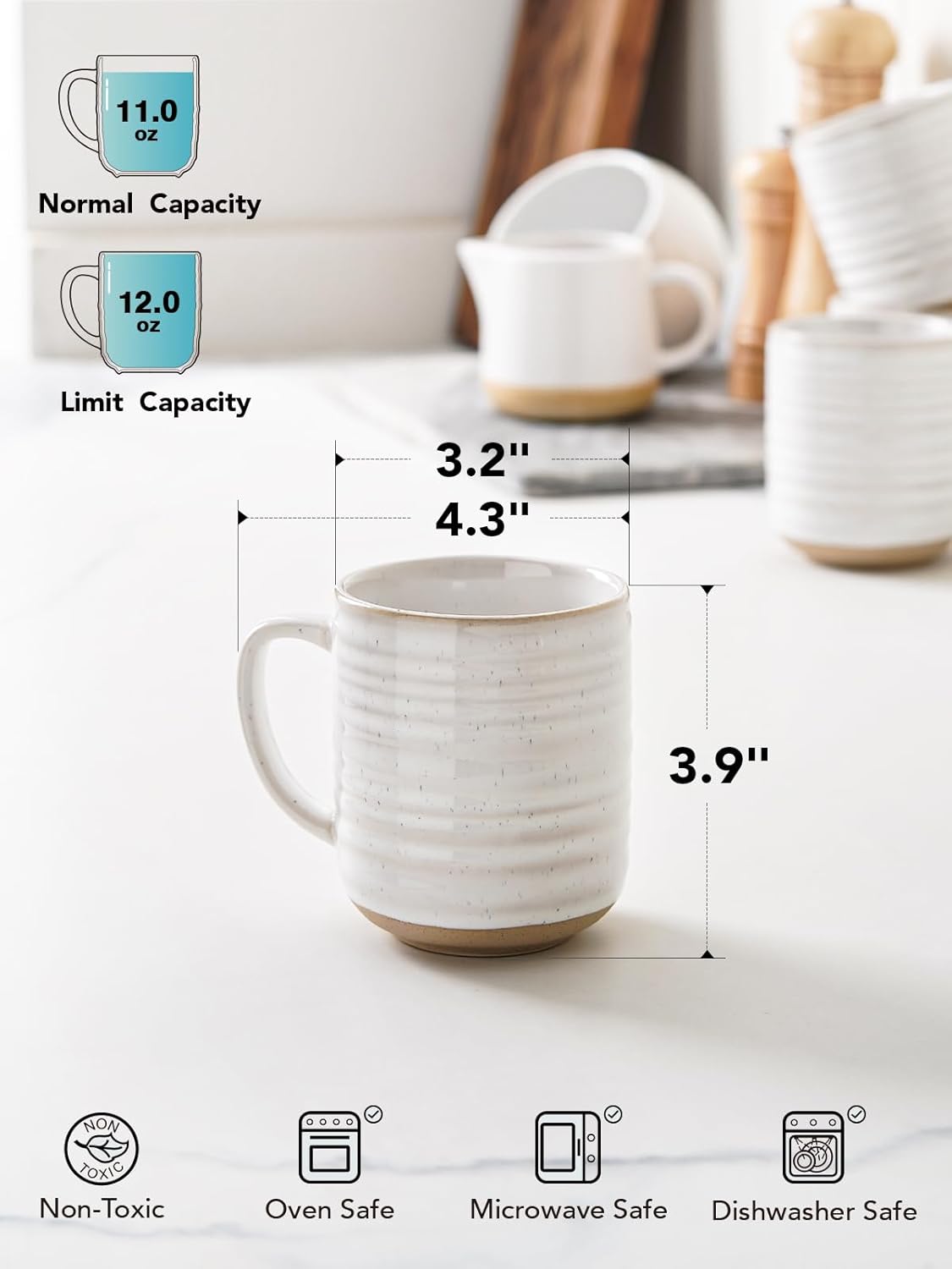 LE TAUCI Coffee Mugs 12 oz, Ceramic Mug Set, Housewarming Wedding Present, Coffee Cups for Latte, Hot Tea, Cappuccino, Mocha, Cocoa - Set of 4, Arctic White