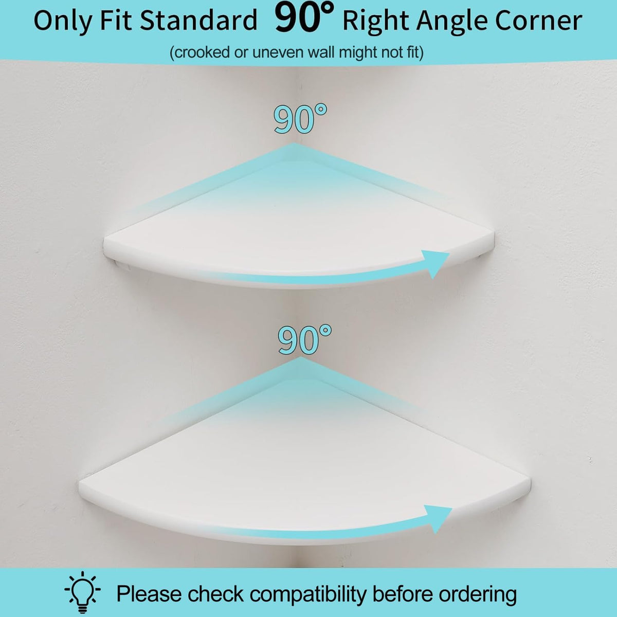 Corner Shelf, White Floating Corner Shelf, Set of 2 10inch Solid Oak Wood Wall Shelves, Round End Wall Mount with Wire Hole for Small Plant for Bedroom Kitchen, Living Room