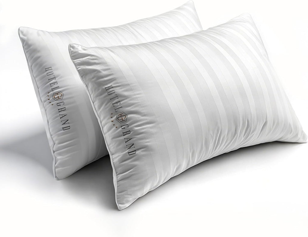 Hotel Grand Softy-Around Feather Down Pillows Standard Size Set of 2 Packs White Strip 100% Cotton Fabric Bed Pillows for All Position Sleepers,26"x20"/2 Packs