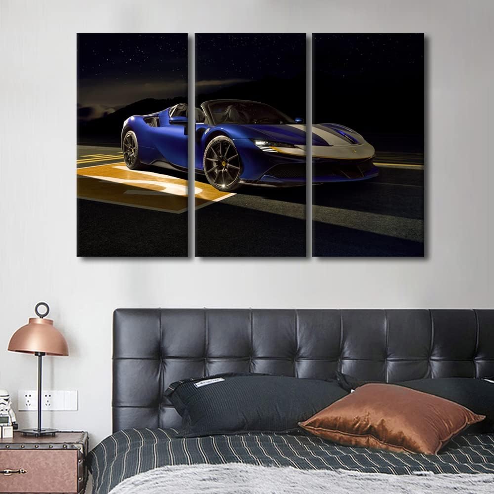 Blue Sports Car Canvas Wall Art Supercar at Night Paintings Speed Car Prints on Canvas Modern Artwork Pictures for Living Room Men Boys Bedroom Wall Decor Giclee Framed Ready to Hang, 60"Wx40"H