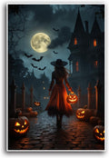 JFHCQJPK Halloween theme poster moonlit autumn night witch vintage poster art print dark college style gothic painting canvas wall decoration bedroom living room ideal gift24x36in Frameless