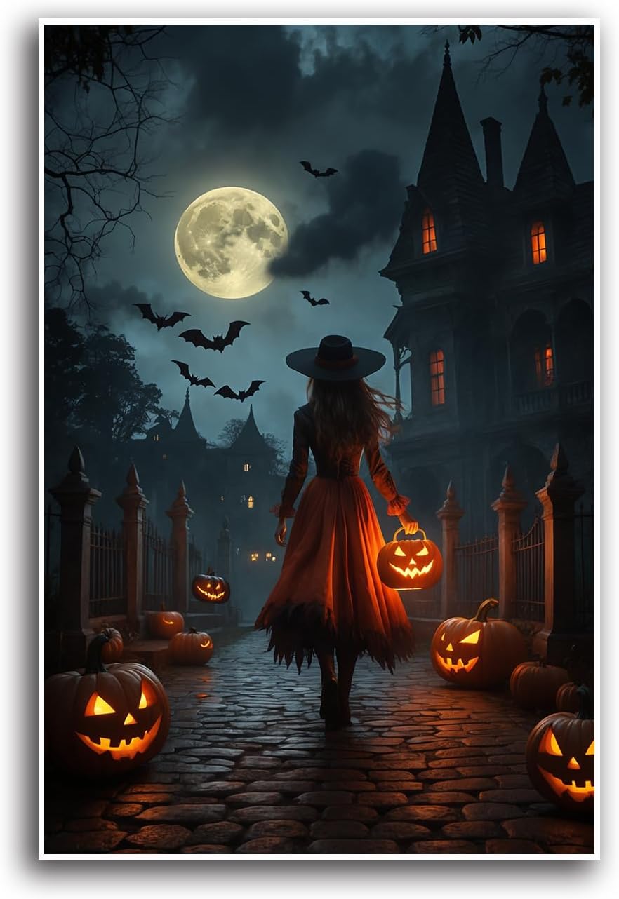 JFHCQJPK Halloween theme poster moonlit autumn night witch vintage poster art print dark college style gothic painting canvas wall decoration bedroom living room ideal gift12x16in Frameless