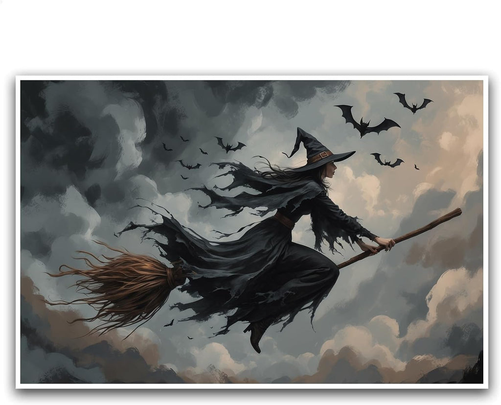 JFHCQJPK Witch and bat flying Halloween poster suitable for home party wall decoration retro Halloween preppy style wall art canvas print suitable for room decoration28x40in Frameless