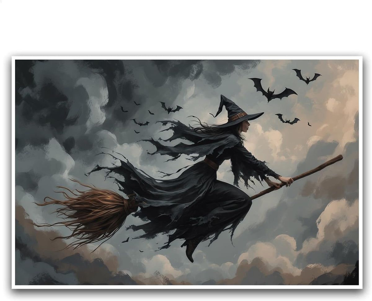 JFHCQJPK Witch and bat flying Halloween poster suitable for home party wall decoration retro Halloween preppy style wall art canvas print suitable for room decoration32x48in Frameless