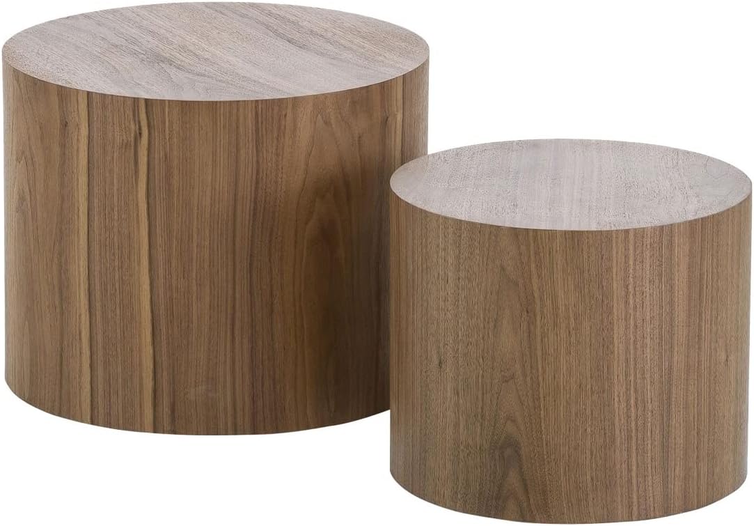 Nesting Coffee Table Set of 2, Round Side Tables Set, Wooden Accent Table, Modern End Tables, Minimalist Circle Table for Small Space Living Room Bedroom, Walnut