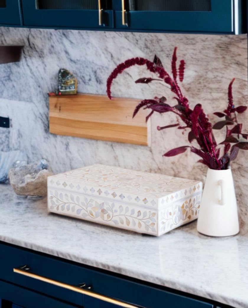 Decorative Storage Box Of Mother Of Pearl Inlay Floral Design Wooden Storage Box For Home Decoration For Living Dining & Bedroom (White_9x6x3.5 inch)