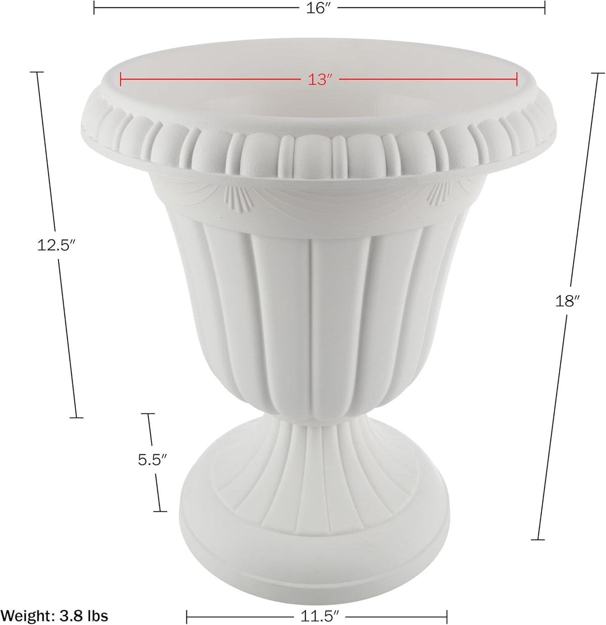 Pure Garden Outdoor Planter 2-Pack - 16x18-Inch Urn Planters - Plastic Plant Pots for Indoor, Outdoor, or Front Porch Decor - Flower Pots (White)