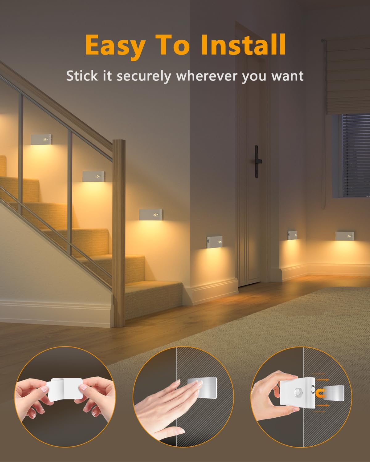 WILLED Rechargeable Night Lights, Warm White Motion Sensor Night Lights, Wireless Stair Lights Indoor for Stairway, Hallway, Kitchen, Closet, Cabinet, Bedroom, Kids' Room(8-Pack)