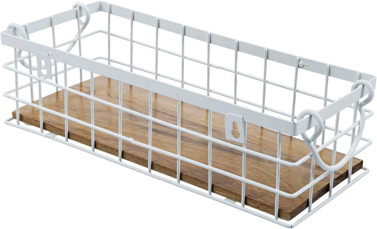 MyGift 13 and 12 Inch Nesting Storage Baskets with Handles, Wall Mounted or Tabletop White Metal Wire and Premium Acacia Wood Decorative Shelf Organizer Bins, 2 Piece Set