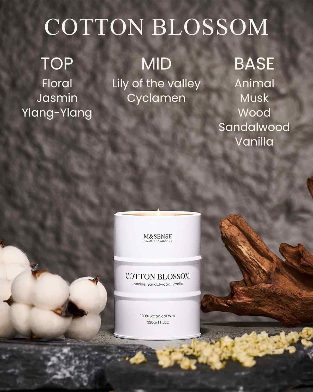 M&SENSE Cotton Blossom Scented Candles Natural Non Toxic, Aromatherapy Candle for Stress Relief Meditation Relaxing, Housewarming Gifts for Women Men, 11.3oz 70 Hour Long Burning