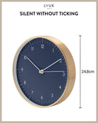 LUUK LIFESTYLE Modern Quartz Wall Clock with Silent Movement, Scandinavian Design, Kitchen and Living Room Clock, Gift idea, Trendy Home Decor, 10 inch, in Dark Blue and Gold