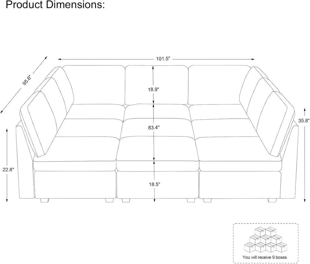 Belffin Modular Sectional Sofa with Sleeper Sofa, Oversized Cloud Couch with Extra Deep Seat, Upholstered 9 Seat Sectional Couches for Living Room, Plush Corduroy Black