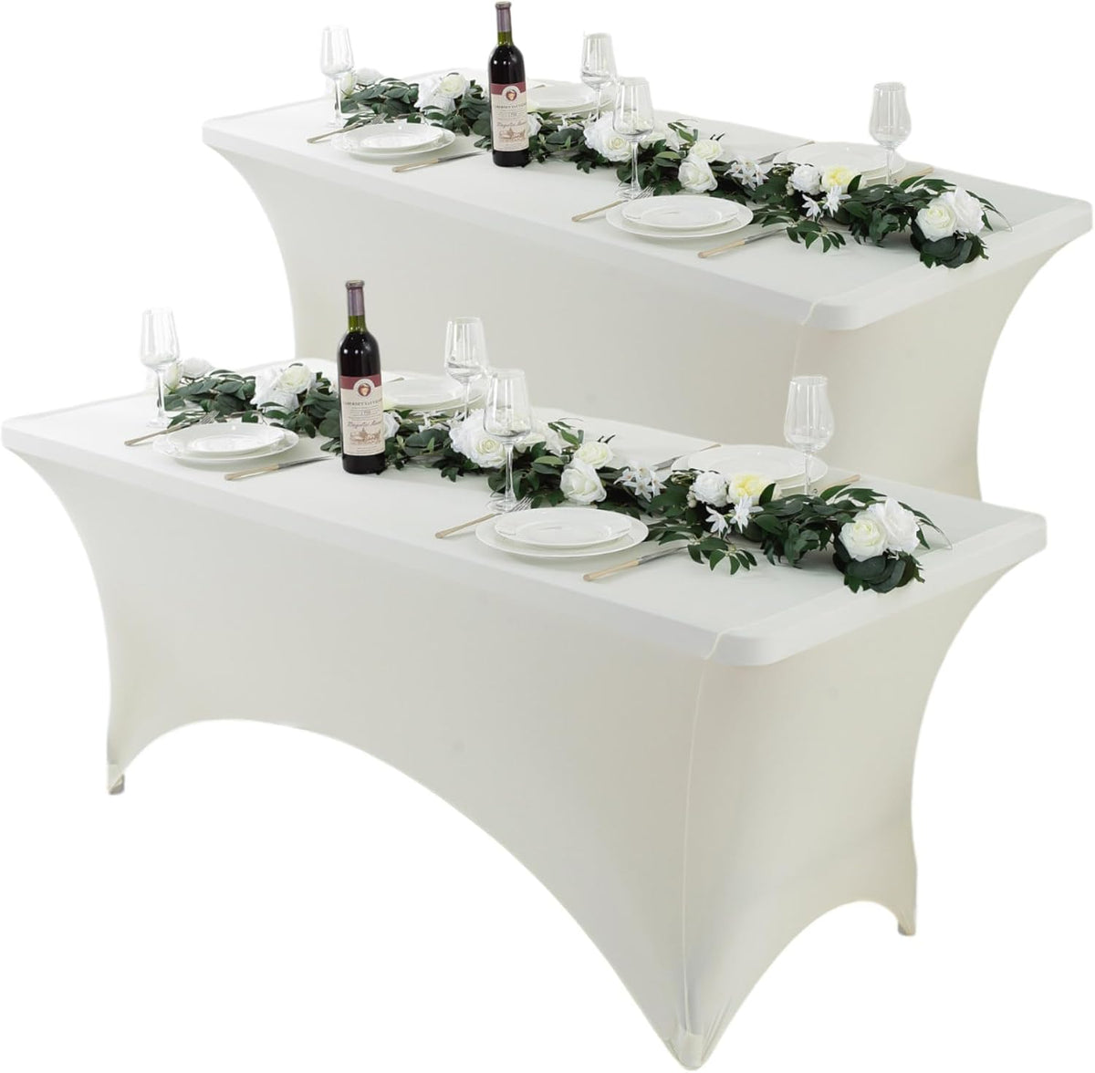 Craft And Party 2 Pack 8ft Ivory Spandex Tablecloth – Fitted Stretch Cover – Universal Fit for Folding Tables – Wrinkle-Free, Washable – Ideal for Parties, Weddings, Events
