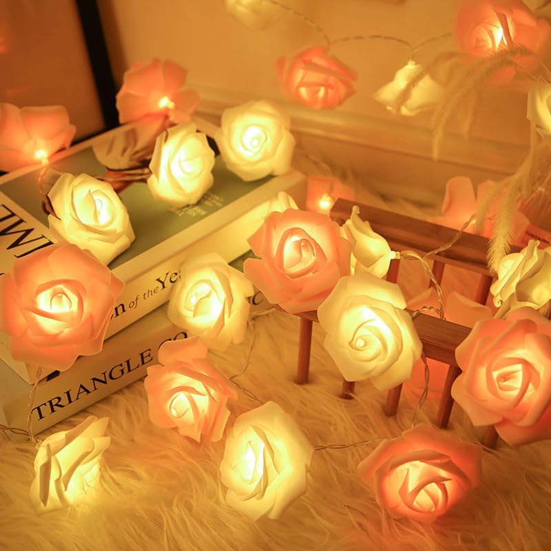 Everlasting Splashes LED Rose Flower Fairy String Lights Battery Operated Warm Flashing Light Romantic Proposal Wedding Birthday Christmas Thanksgiving DIY Indoor Outdoor Decorations (Pink&Soft White)