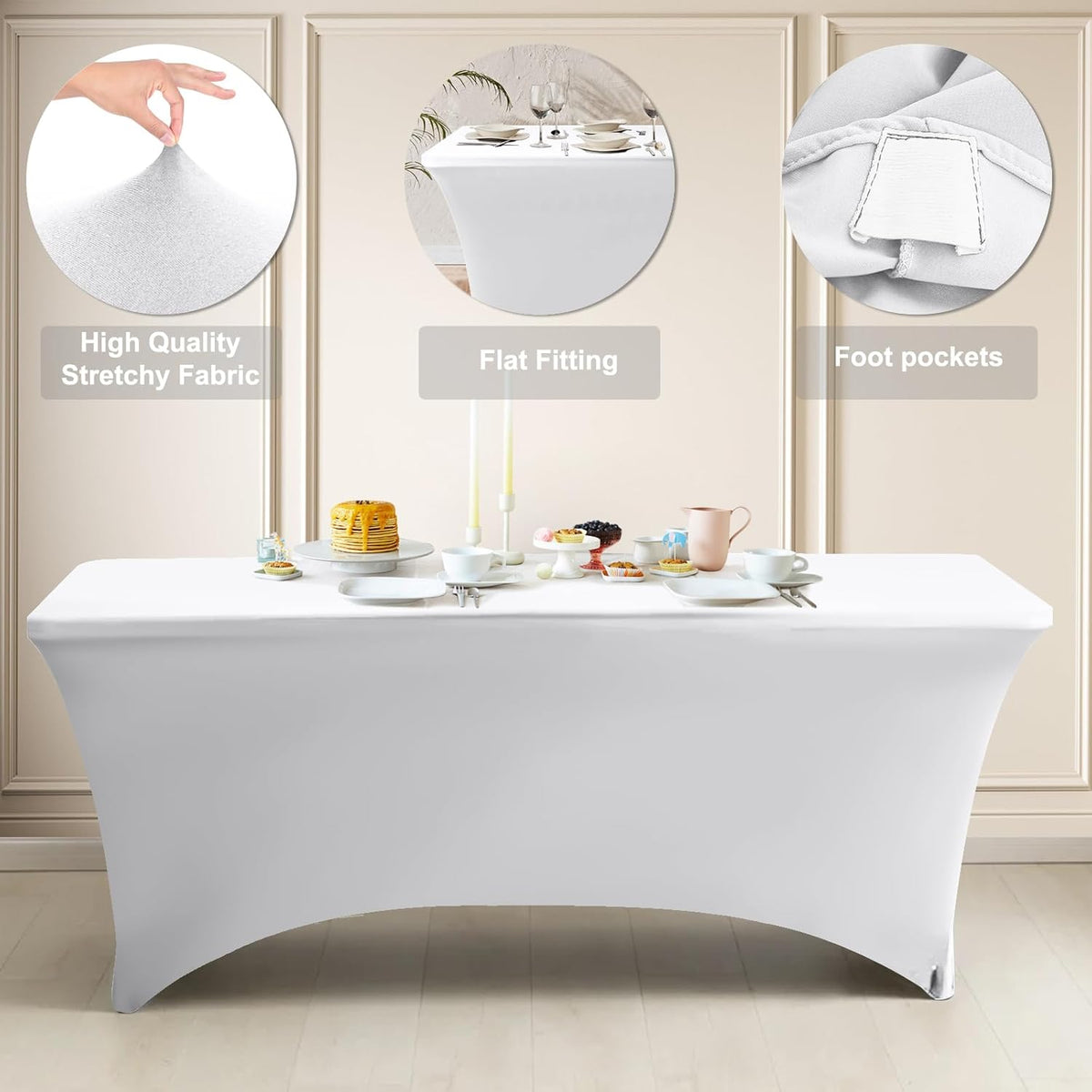 ABCCANOPY 2 Pack 6 FT Off White Spandex Table Cover Stretch Fitted Wrinkle Resistant Tablecloth Reuse for Rectangular Folding Table Patry Event Wedding Banquet Protector