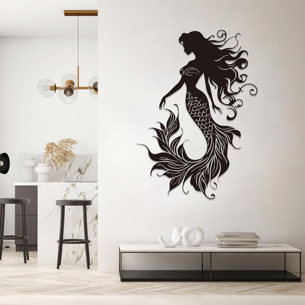 Veplsur Mermaid Metal Wall Art, Metal Mermaid Wall Decor, Marine Biology Wall Decor, Ocean Wall Art, Nautical Wall Hanging, Beach Hanging for Bathroom Bedroom (Silver, 19"x13"|47x33cm)