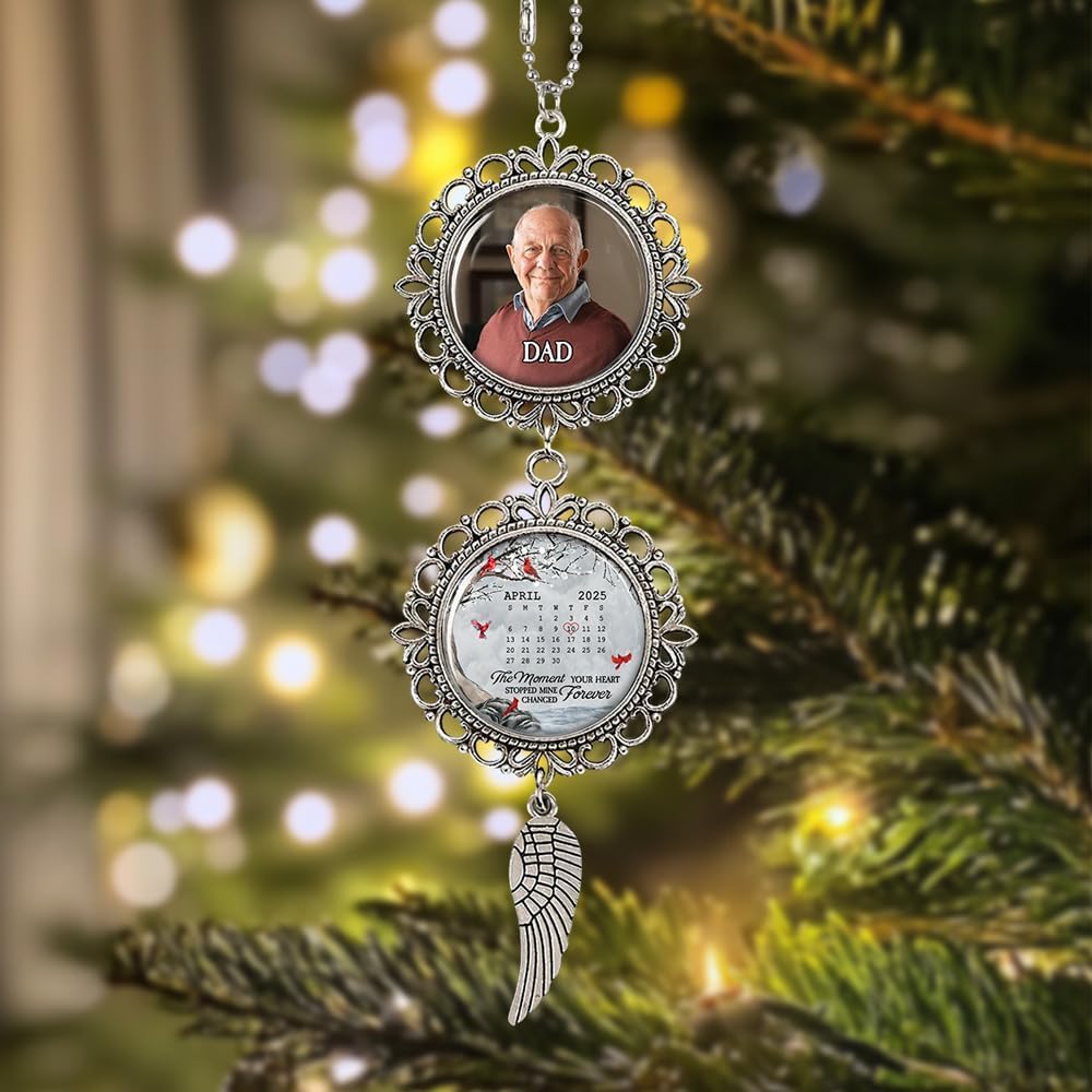 Memorial Car Rear View Ornament with Custom Photo - Moment Your Heart Stopped Wing Charm Hanginh Ornament Car Mirror Remembrance Sympathy Gift for Loss of Loved Ones Grieving Keepsake