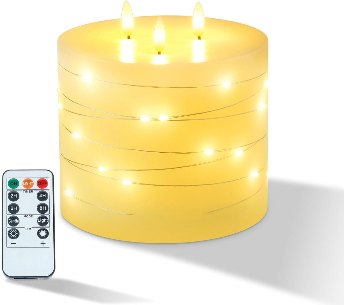 Amagic 6"x6" Extra Large Flameless Candles with 3 Wicks, Battery Operated Candles with Remote Control and Timer, LED Pillar Candles with Bling String Light, Real Wax, Realistic 3D Wick, Ivory