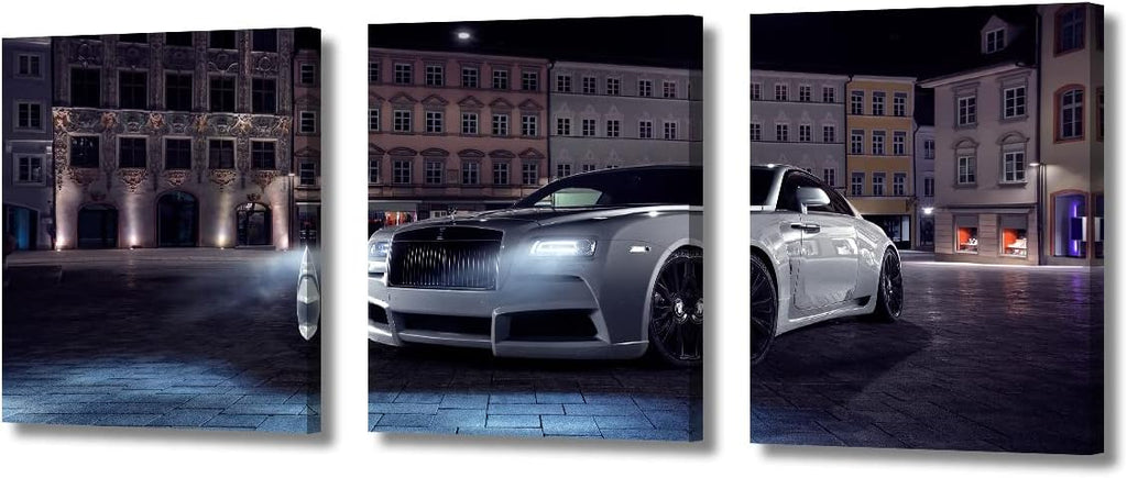 White Car Poster Pictures for Living Room Famous Sports Car Canvas Wall Art House Decor Super Car in the Square Modern Office Wall Decor Framed Large Wall Art for Home Men Boys Bedroom, 36" Wx16 H