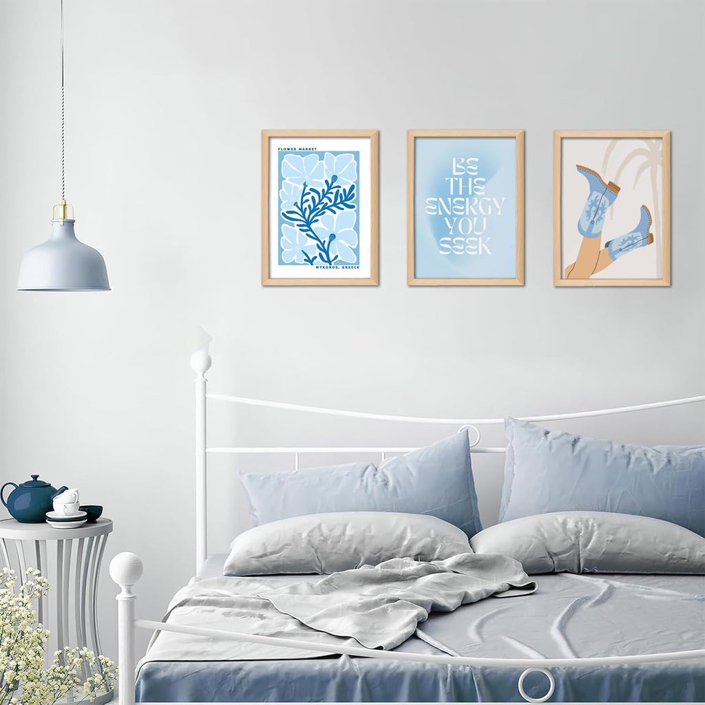 Blue Preppy Canvas Wall Art Set of 3 Trendy Cowgirl Boots Home Decor Flower Market Posters Prints Coastal Aesthetic Painting Picture for Girls Bedroom Bathroom Living Room Dorm 16x24Inch Wood Framed