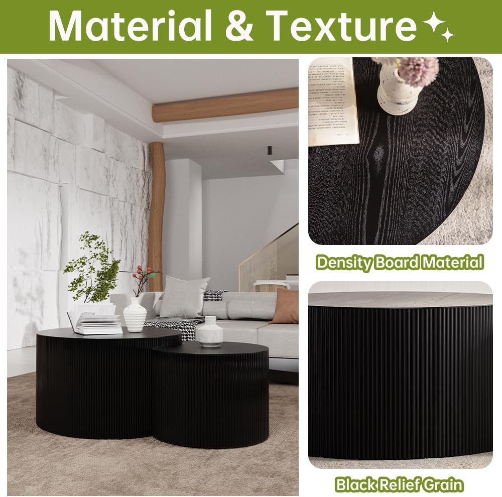 Round Nesting Coffee Table Set of 2 Small Round Coffee Tables for Living Room Modern Fluted Coffee Table Circular End Table Side Table for Small Spaces No Assembly (Black B, 27 in)