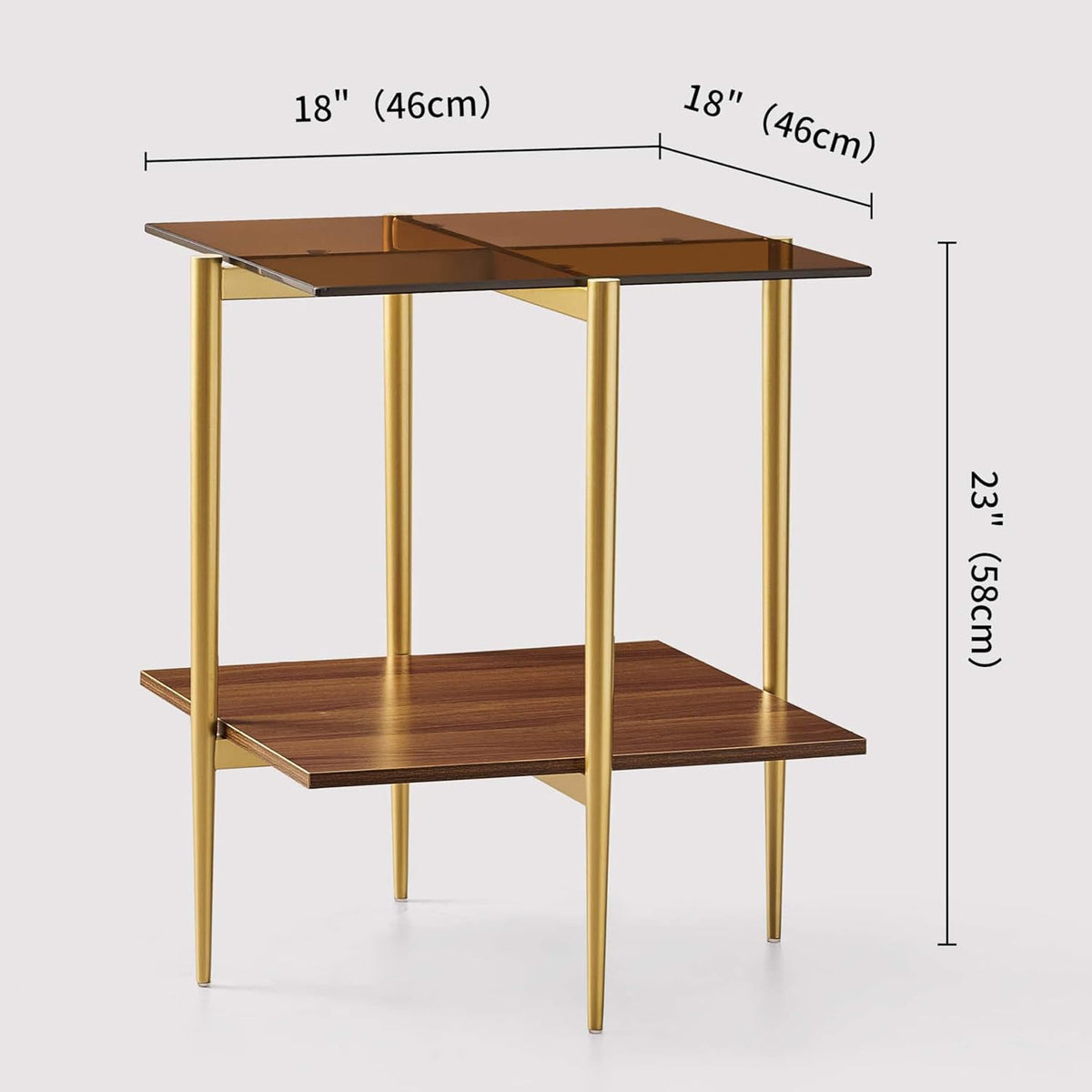 Glass End Table, Mid-Century Modern Design Sofa Table, L41 x W21 x H17, for Living Room, 2-Tier Structure, Clear Glass Top and Walnut MDF Shelf, Sleek Conical Metal Legs with Gold Finish Frame