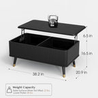 Lift Top Coffee Table with Storage Shelf & Hidden Compartment, Mid Century Modern Fluted Rectangle Dining Table for Living Room, Home Office,Black