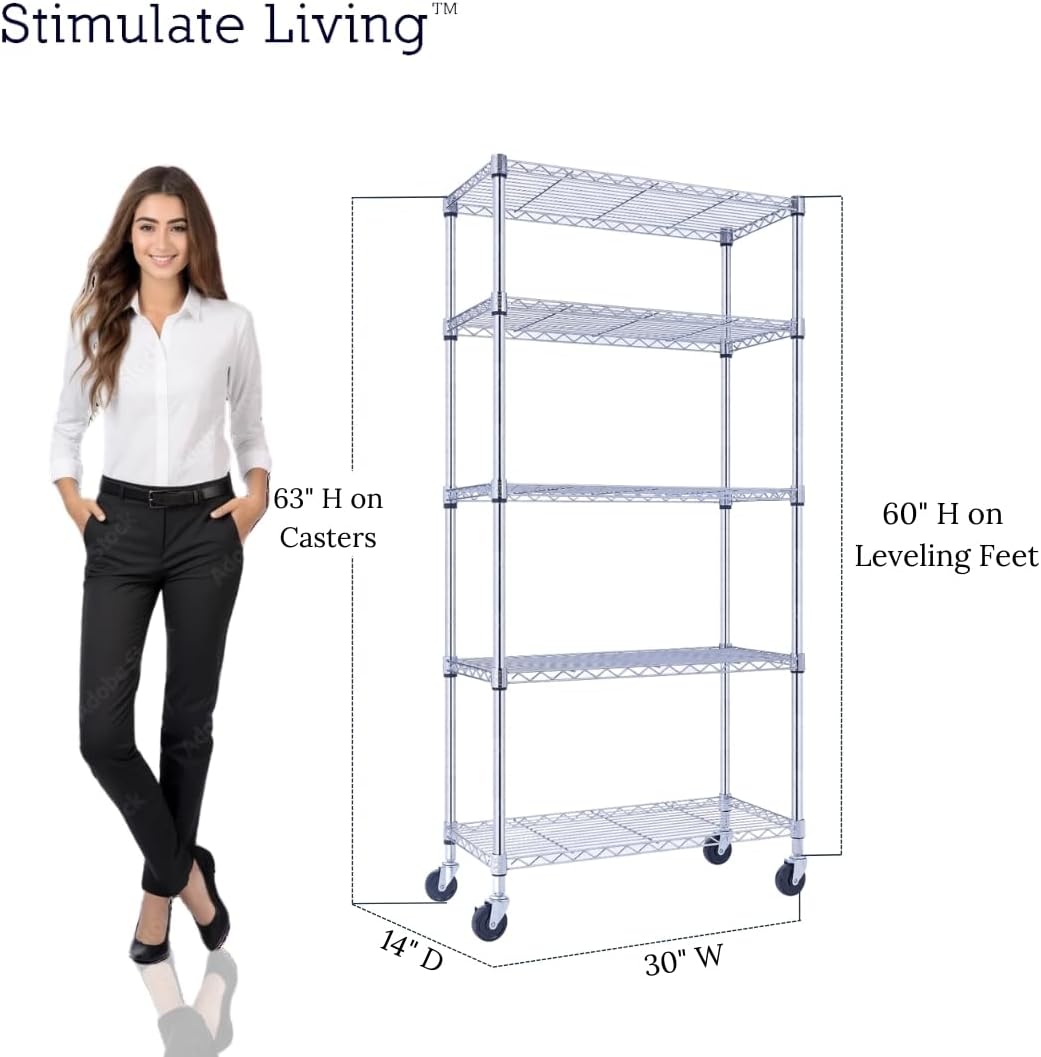 30"x14"x60" PRIME HEAVY DUTY Chrome 5-Tier Wire Shelving 1,750 LBS MAX Capacity Storage Rack for Commercial, School, Home, Garage, Warehouse, Industrial, and Hospital Uses (with Wheels)