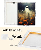 Halloween Canvas Wall Art, Spooky Ghost in Pumpkin Patch Poster, Vintage Gothic Fall Decor, Dark Academia Fall Decor for Living Room, Framed Indoor Halloween Decorations