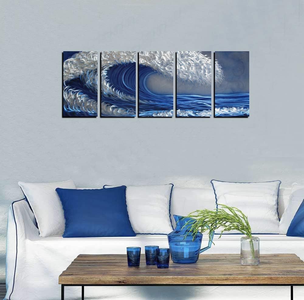 Ocean Metal Wall Art, Handcrafted Abstract Metal Artwork, Large Scale Blue and Silver Wall Art, Unique 3D Aluminum Painting, Great for Indoor and Outdoor, 5-Panels Measures 64" x 24"
