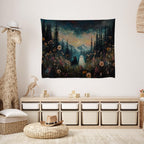 Whimsical Halloween Tapestry Wall Hanging Ghost and Black Cat in Magical Forest Wildflowers Meadow Tapestry Art Print Charming Spooky Fall Season Tapestries for Living Room Bedroom Decor 30x40inch