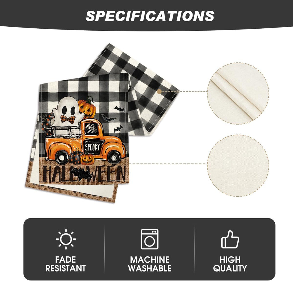 Artoid Mode Buffalo Plaid Bat Pumpkin Ghost Truck Spooky Halloween Table Runner, Sensonal Kitchen Dining Table Decoration for Home Party Decor 13x90 Inch