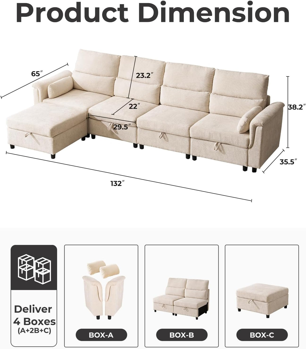 132'' Oversized Modular Sectional Sofa, L Shaped Comfy Cloud Sectional Couch with Storage, 5 Seat Extra Deep Seat Modular Sofas with Throw Pillows for Living Room, Beige