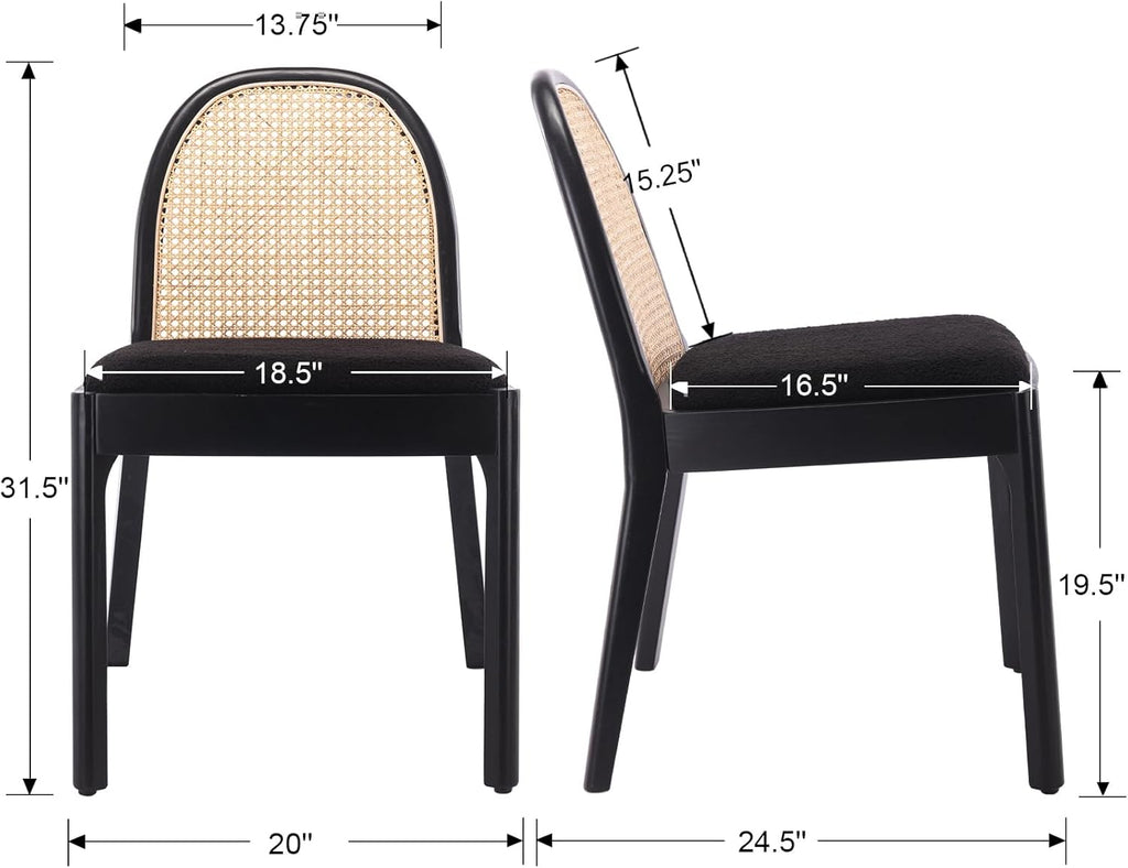 Mid Century Dining Chairs Set of 4, Accent Rattan Sherpa Fabric Side Chairs Kitchen Chair with Solid Wooden Legs for Living Room Dining Room, Black