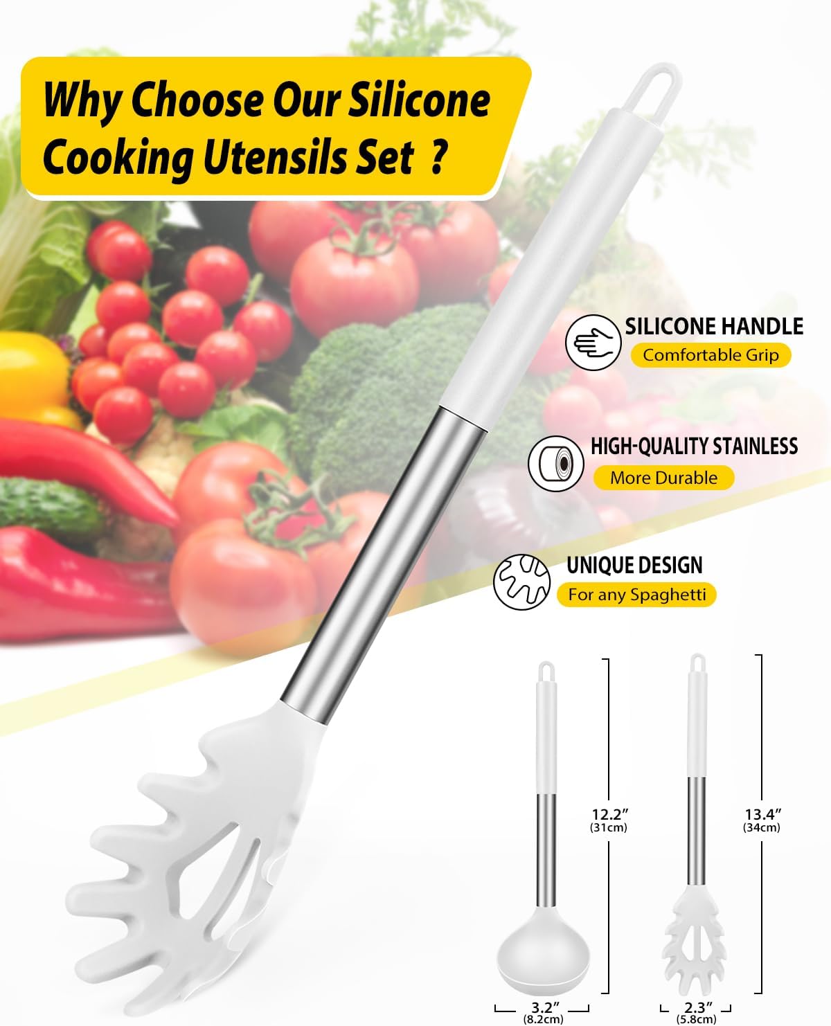 Silicone Pasta Fork and Ladle Spoon Set, Large Non Stick Kitchen Utensils for Cooking,Stirring,Serving Spaghetti, Soup, Sauce (WHITE)