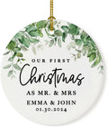 Andaz Press Personalized Our First Christmas As Mr. & Mrs. 2024 Christmas Ornaments Greenery 2.8" Round Porcelain Ceramic 1st Year Married Custom Ornament Keepsake for Newlyweds 1-Pack