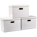 PRANDOM Large Stackable Storage Bins with Lids [3-Pack] Leather Fabric Foldable Storage Boxes Organizer Containers Baskets Cube with Cover for Bedroom Closet Office Nursery White (17.7x11.8x11.8)