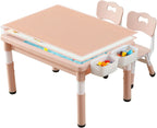 Multi Functional Kids Table and 2 Chairs Set, Graffiti & Building Blocks Double-Sided Tabletop, Toddler Play Table with Drawers, Large Storage Space, Gift for Boys/Girls, Pink