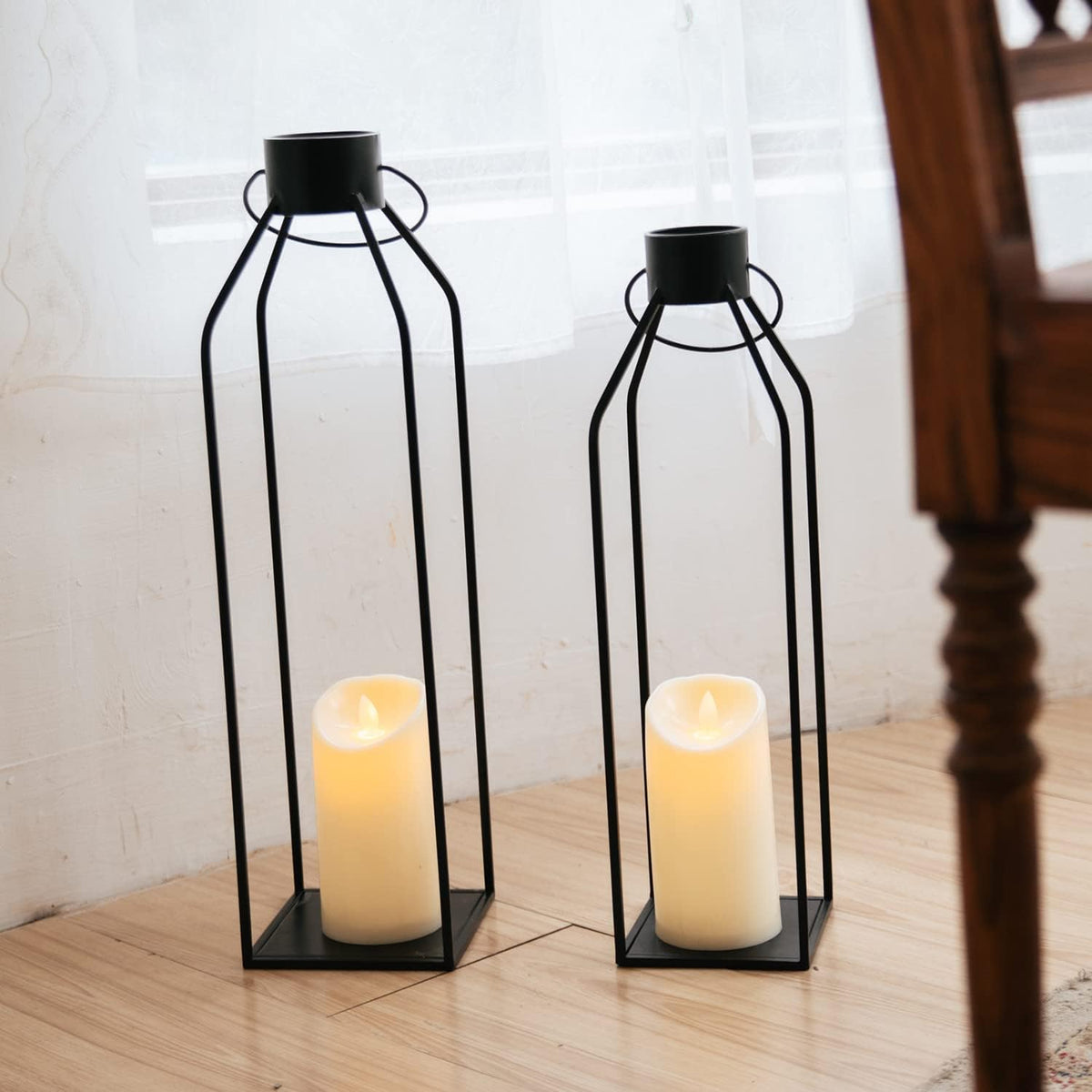 HPC Decor 22'' 19'' Lanterns Decorative w/ Flickering Timer Candles- Large Tall Black Metal Candle Lanterns Set of 2- Modern Farmhouse Decor for Indoor,Outdoor,Tabletop,Porch (No Glass)