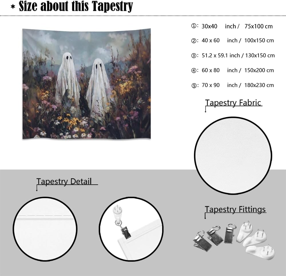 Halloween Ghosts in Wildflowers Tapestry Wall Hanging Spooky Cute Ghost Floral Tapestries Victoria Moody Artwork Aesthetic Print for Goth Living Room Bedroom wall Decor 60x80inch
