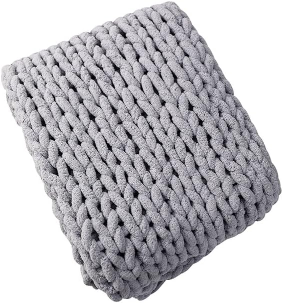 Chunky Knit Blanket Throw 40"×40", Hand Knitted Warm Chenille Throw Blanket, Home Decor Soft Thick Yarn Cable Knit Blanket, Soft Breathable Fleece Banket Christmas for Couch Bed Sofa Best Gift (Gray)