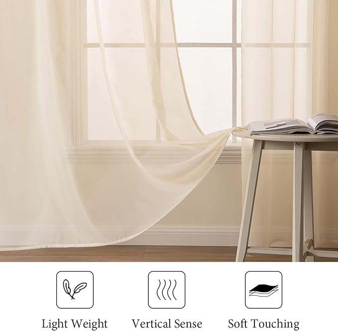 MIULEE Cream Beige Sheer Curtains 54 X 72 Inches, 2 Panels | Solid Color - Image 4