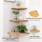 Corner Shelves, Floating Corner Shelf, Set of 2 7inch Solid Oak Wood Wall Shelves, Round End Wall Mount with Wire Hole Shelving for Small Plant for Bedroom Kitchen, Living Room