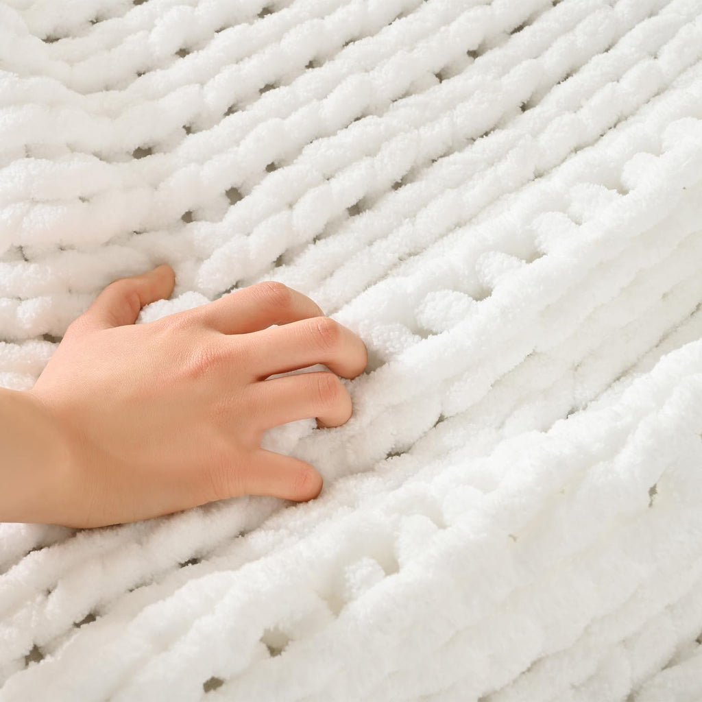 Esterra 100% Hand Knitted Chenille Throw Blanket, 50"x60", White, Polyester, Chunky Knit, Throw Blanket, 50x60 Inches