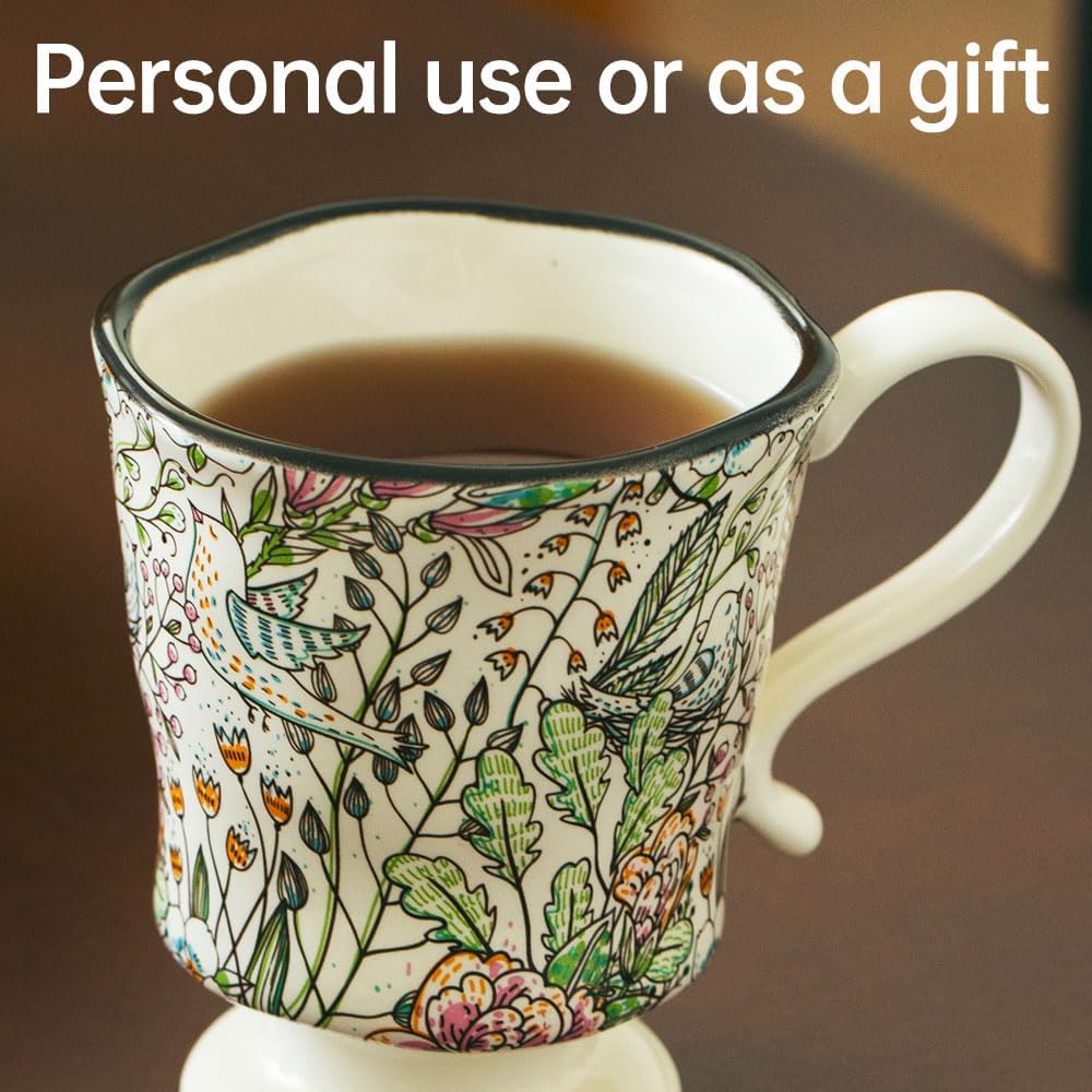 360ml -12.17oz Painted Garden floral Ceramic Mug - Cute Espresso Latte Shot Cup - Gift for Women, Dishwasher Safe