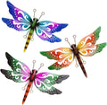 Metal Dragonfly Wall Decor, 3 Pack Colorful Dragonfly Outdoor Decor, Metal Outdoor Wall Art for Garden, Patio, Yard, Fence, Outside