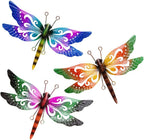 Metal Dragonfly Wall Decor, 3 Pack Colorful Dragonfly Outdoor Decor, Metal Outdoor Wall Art for Garden, Patio, Yard, Fence, Outside