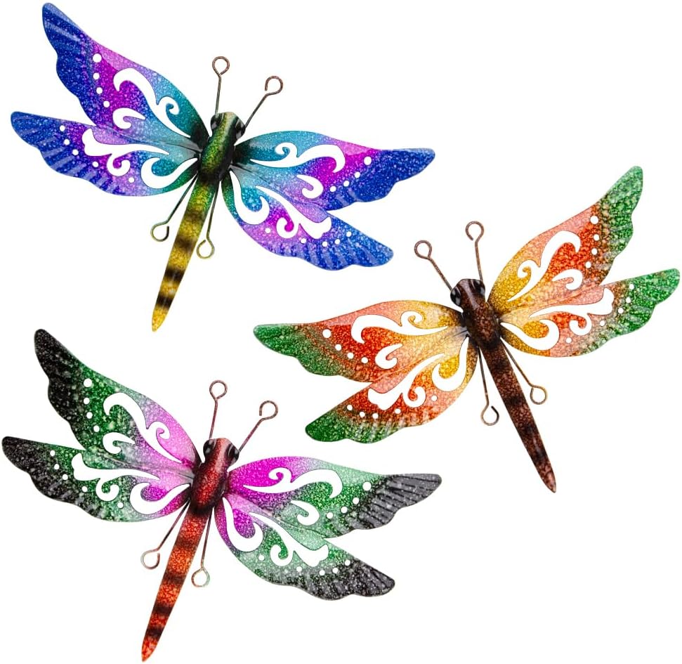 Metal Dragonfly Wall Decor, 3 Pack Colorful Dragonfly Outdoor Decor, Metal Outdoor Wall Art for Garden, Patio, Yard, Fence, Outside